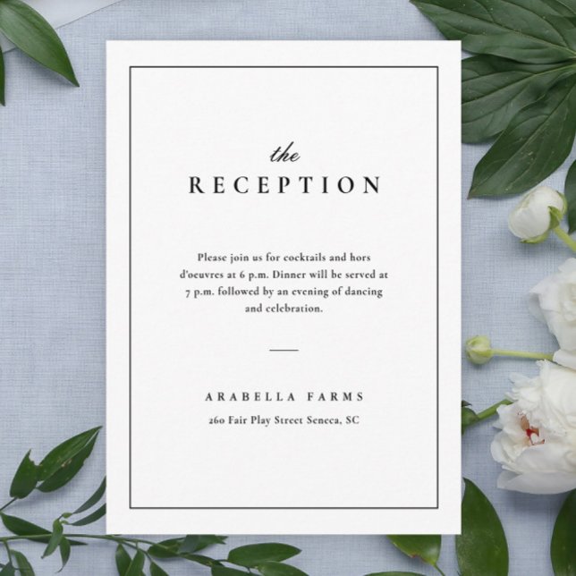 Cartão De Informações Recepção de casamento branca e preto clássico Eleg (Simple typographic black and white wedding reception enclosure card.)