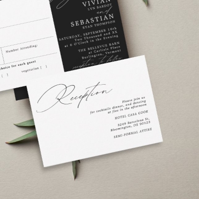Cartão De Informações Recepção de casamento Branca Negra de Caligrafia M (Criador carregado)