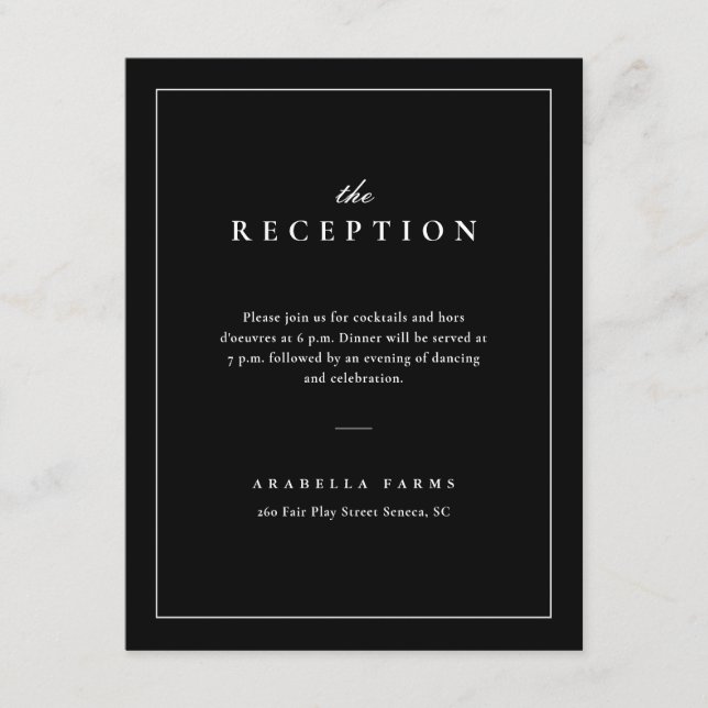 Cartão De Informações Recepção de Casamento Clássica e Elegante em Preto (Frente)