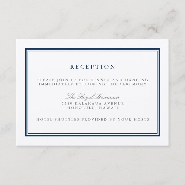 Cartão De Informações Recepção de Casamento Clássica em Azul-Marinho e B (Frente)