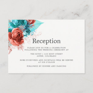 Cartão De Informações Recepção de Casamento com Aquarela Turquesa e Cora