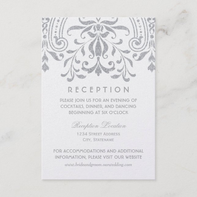 Cartão De Informações Recepção de Casamento com Elegância Prata e Glamou (Frente)