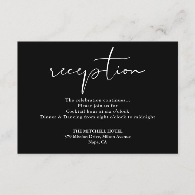 Cartão De Informações Recepção de Casamento com Elegante Roteiro Preto e (Frente)