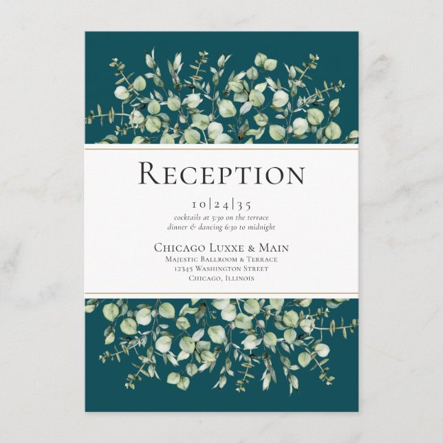 Cartão De Informações Recepção de Casamento com Eucalipto Azul-Teal (Frente)