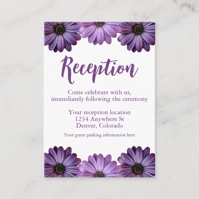 Cartão De Informações Recepção de Casamento com Florais Roxos (Frente)