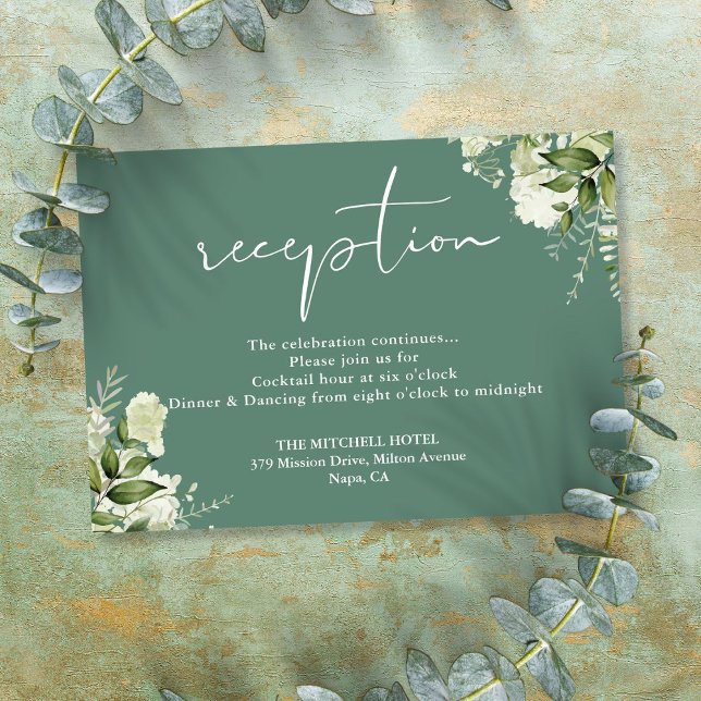 Cartão De Informações Recepção de Casamento com Letra Floral Verde Eucal (Eucalyptus Green Floral Script Wedding Reception Enclosure Card)