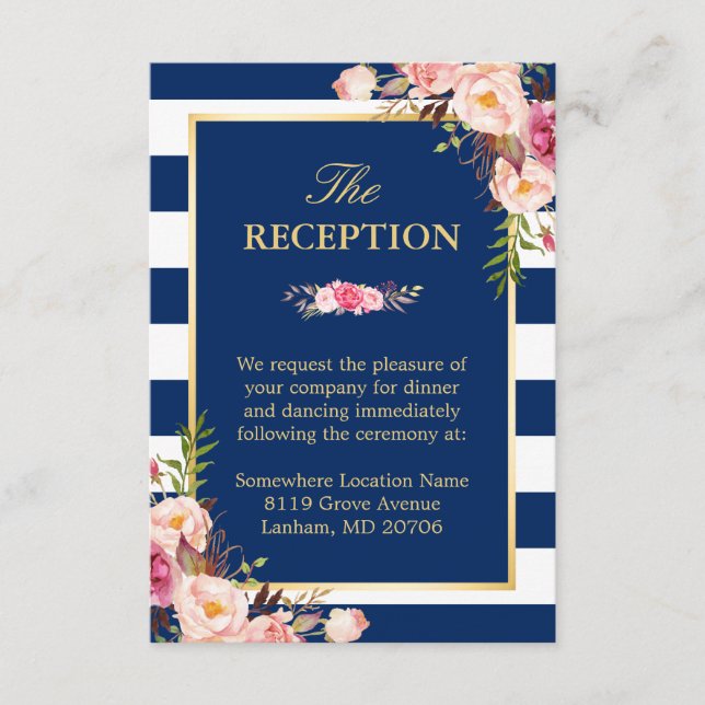Cartão De Informações Recepção de Casamento com Listras Azuis Marinho e  (Frente)