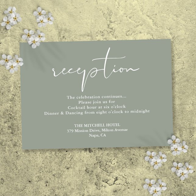 Cartão De Informações Recepção de Casamento com Rótulo Elegante em Verde (Sage Green Elegant Script Wedding Reception Enclosure Card)