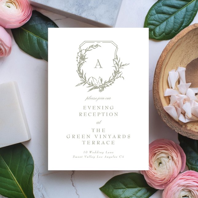 Cartão De Informações recepção de casamento da crista do monograma verde (Criador carregado)