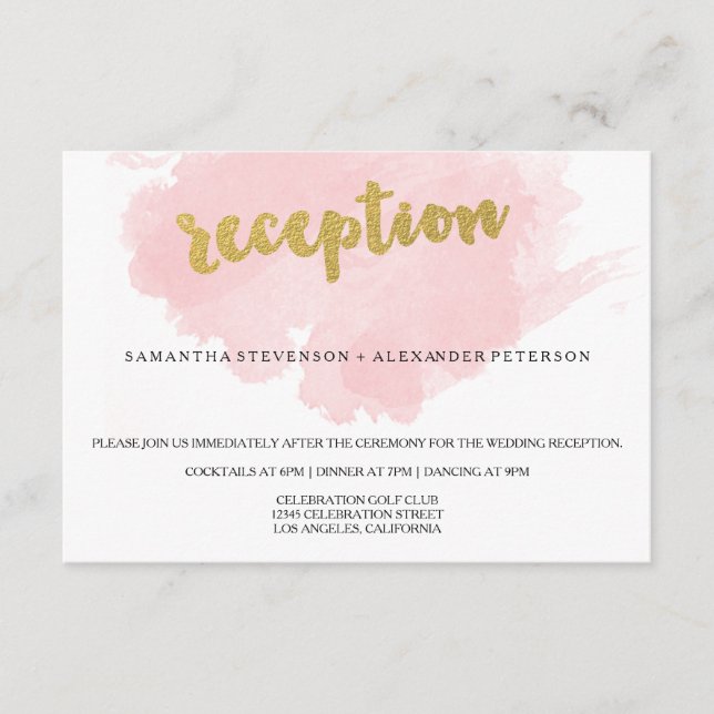 Cartão De Informações Recepção de casamento de Aquarela Dourada e esbran (Frente)