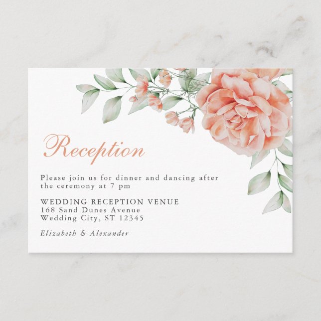 Cartão De Informações Recepção de casamento de Aquarela Floral Rosa Eleg (Frente)
