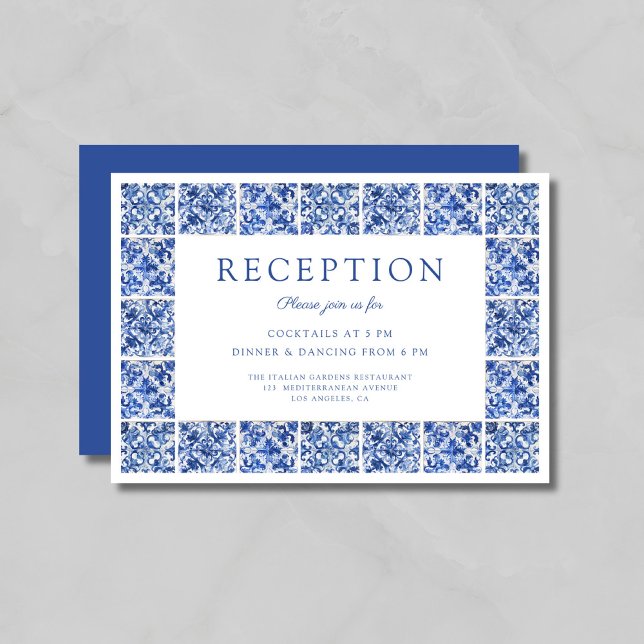 Cartão De Informações Recepção de casamento de Azulejos Azul Moderno (Modern Blue Tiles Wedding Reception Enclosure Card)