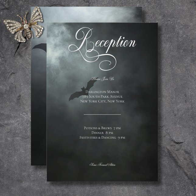 Cartão De Informações Recepção de casamento de Bat e Nevoeiro da Meia-No (Dark Moody Midnight Bat & Fog Wedding Reception Enclosure Card)
