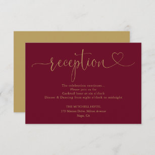 Cartão De Informações Recepção de casamento De Coração Dourada E Borgonh