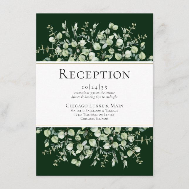 Cartão De Informações Recepção de casamento de Eucalipto Verde Escuro (Frente)