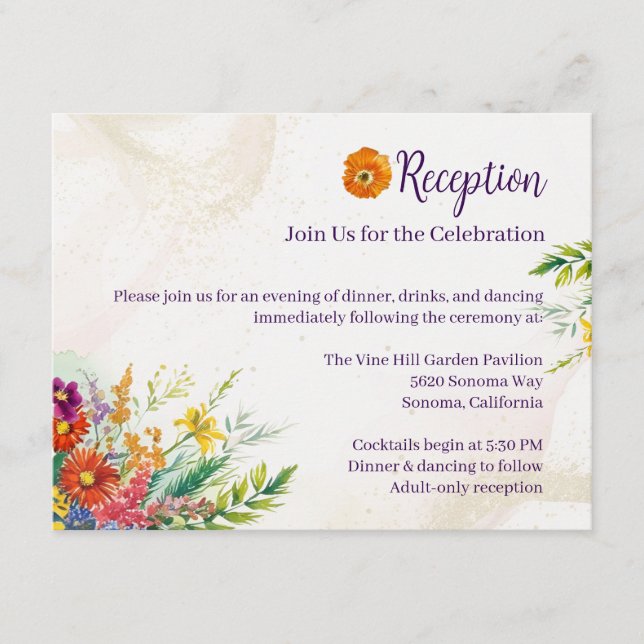 Cartão De Informações Recepção de casamento de flor selvagem (Frente)
