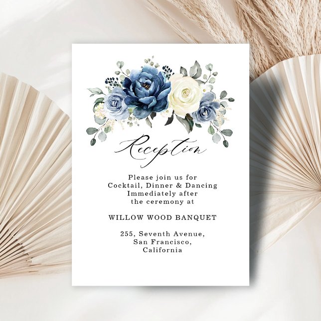 Cartão De Informações Recepção de casamento de marfim de Marinho azul em (Dusty Blue Navy Champagne Ivory Wedding Reception Enclosure Card)