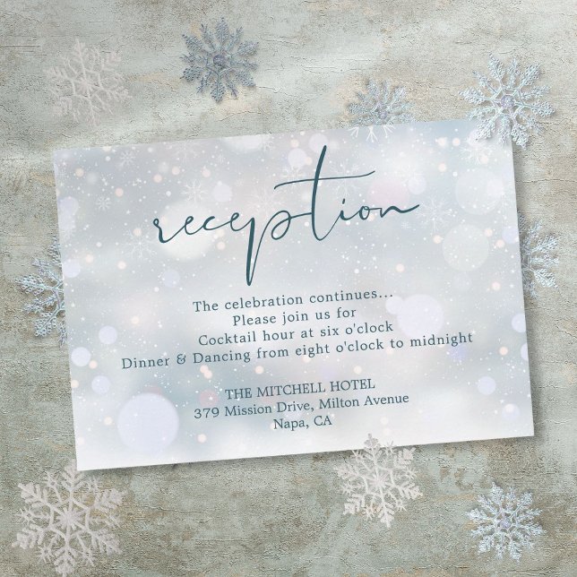 Cartão De Informações Recepção de casamento de Neve do Wonderland Winter (Winter Wonderland Script Snow Wedding Reception Enclosure Card)