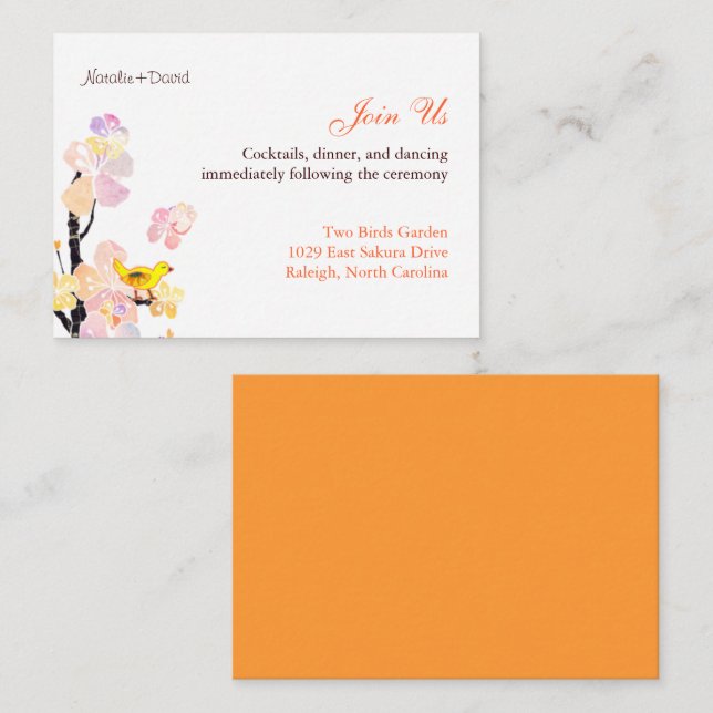 Cartão De Informações Recepção de casamento de pássaro (Frente/Verso)