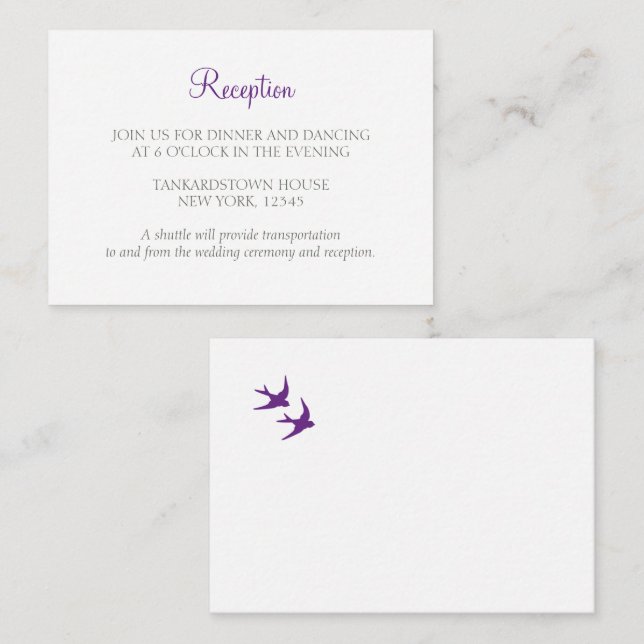 Cartão De Informações Recepção de casamento de Pássaros Roxos do Jardim  (Frente/Verso)
