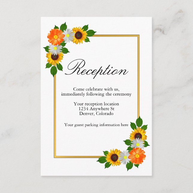 Cartão De Informações Recepção de casamento de Quadro Dourado Floral (Frente)