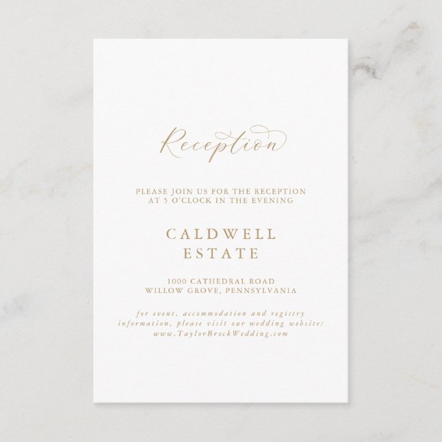 Cartão De Informações Recepção de casamento de Script Dourado Elegante (Frente)