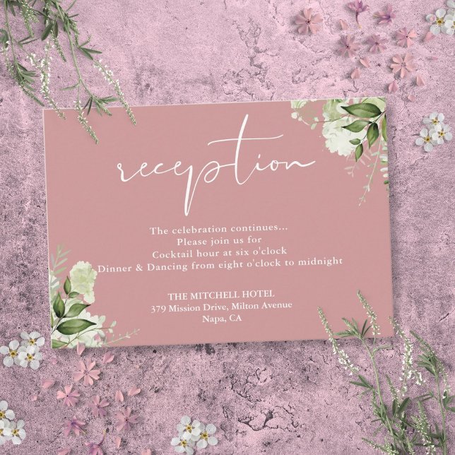 Cartão De Informações Recepção de casamento de Script Dusty Rosa Greener (Dusty Rose Greenery Script Wedding Reception Enclosure Card)