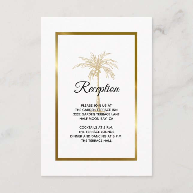 Cartão De Informações Recepção de casamento Dourada da palmeira elegante (Frente)