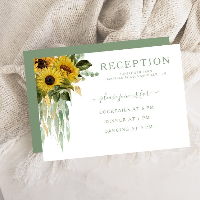 Cartão De Informações Recepção de Casamento Elegante com Girassóis Verde (Elegant Green Sunflower Wedding Reception Enclosure Card)