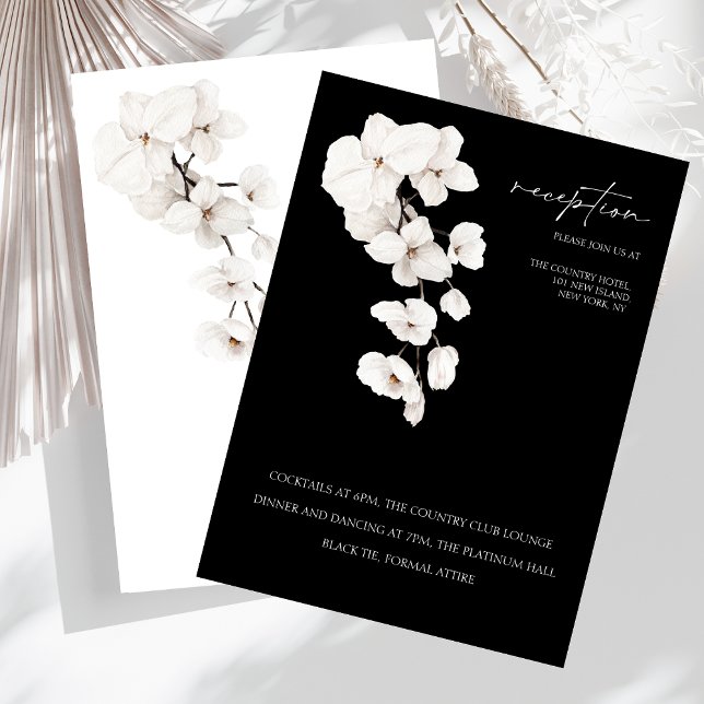 Cartão De Informações Recepção de Casamento Elegante com Orquídea Preta  (Modern Black and White Orchids Flowers Wedding Reception Cards)