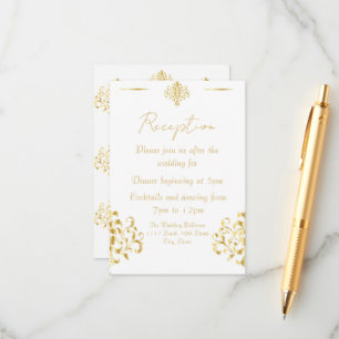 Cartão De Informações Recepção de Casamento Elegante em Dourado e Branco