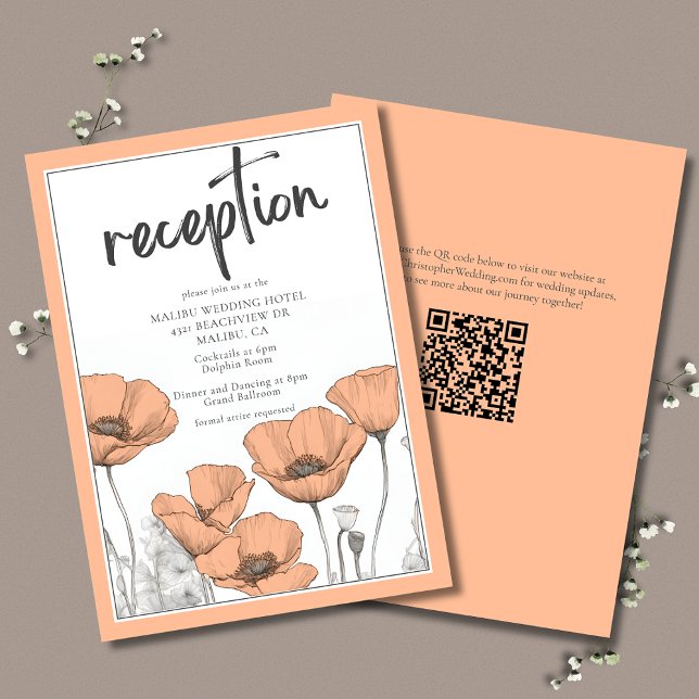 Cartão De Informações Recepção de Casamento Elegante Floral de Peach Pop (Peach Floral Wedding Reception Enclosure Card with California Poppies and QR Code.)