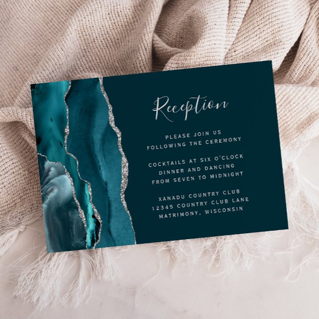 Cartão De Informações Recepção de Casamento em Ágata Azul Teal Prata (Criador carregado)