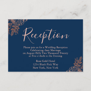 Cartão De Informações Recepção de Casamento em Rose Gold e Azul Marinho