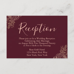 Cartão De Informações Recepção de Casamento em Rose Gold e Burgundy