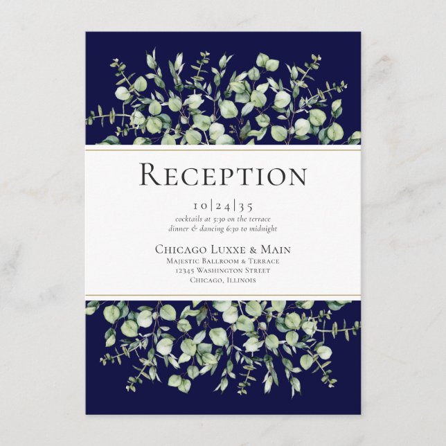 Cartão De Informações Recepção de casamento Eucalipto Azul marinho (Frente)