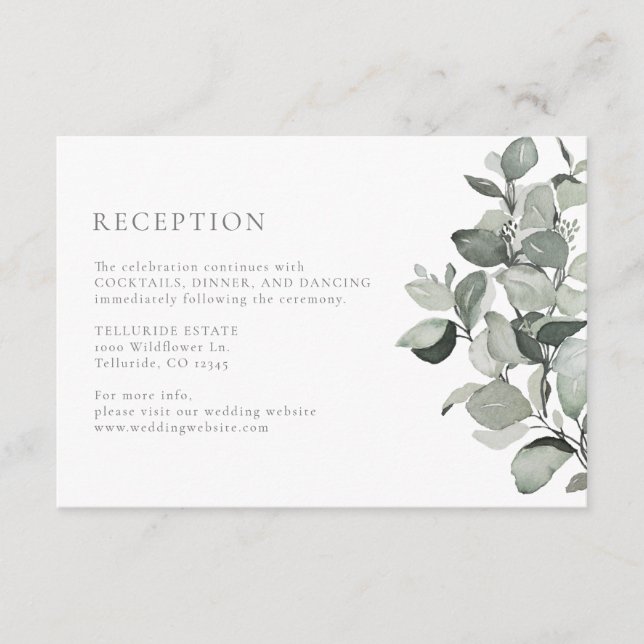 Cartão De Informações Recepção de casamento Eucalyptus Watercolor (Frente)