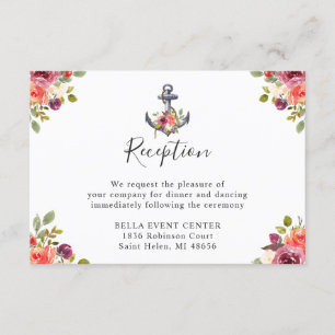 Cartão De Informações Recepção de Casamento Floral Âncora Náutica Azul M