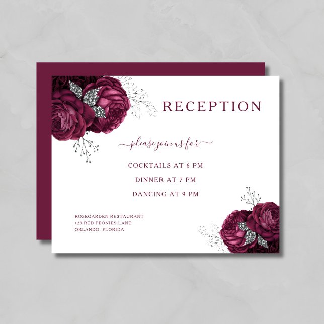 Cartão De Informações Recepção de Casamento Floral Burgundy Elegante (Elegant Burgundy Floral Wedding Reception Enclosure Card)