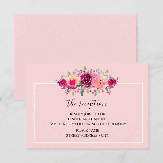Cartão De Informações Recepção de casamento Floral de Aquarela (Frente/Verso)