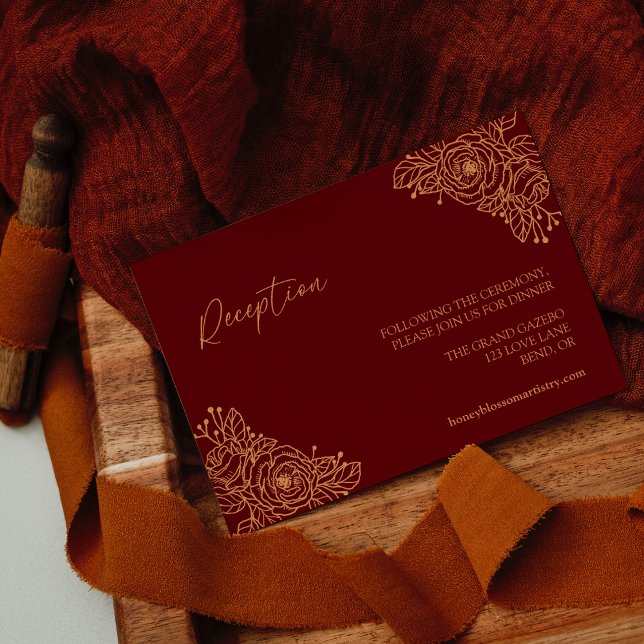 Cartão De Informações Recepção de casamento Floral Dourada Burgundy (Criador carregado)