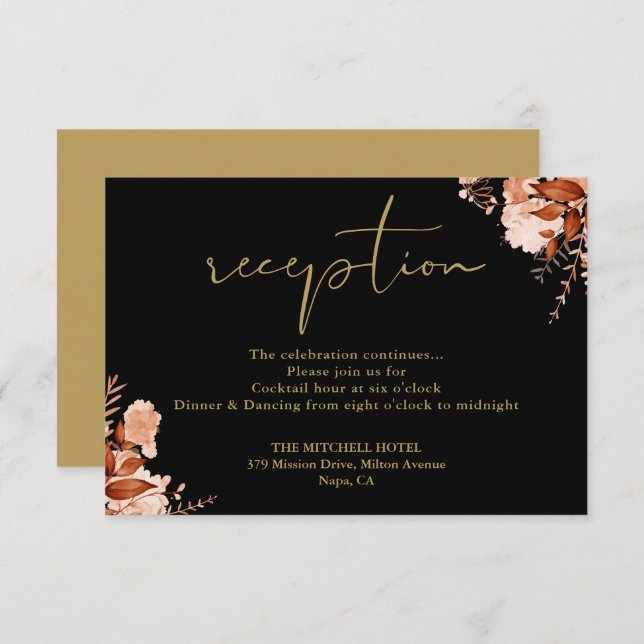 Cartão De Informações Recepção de casamento Floral Dourada E Preta (Frente/Verso)
