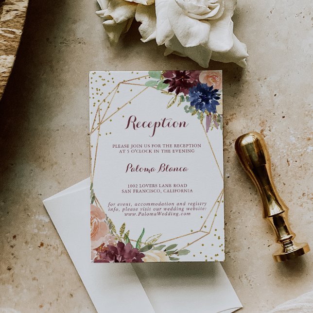 Cartão De Informações Recepção de casamento Floral Dourada Geométrica (Criador carregado)