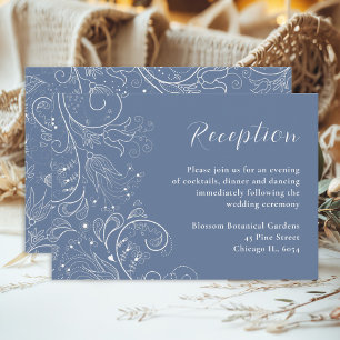 Cartão De Informações Recepção de Casamento Floral Elegante Azul Empoeir