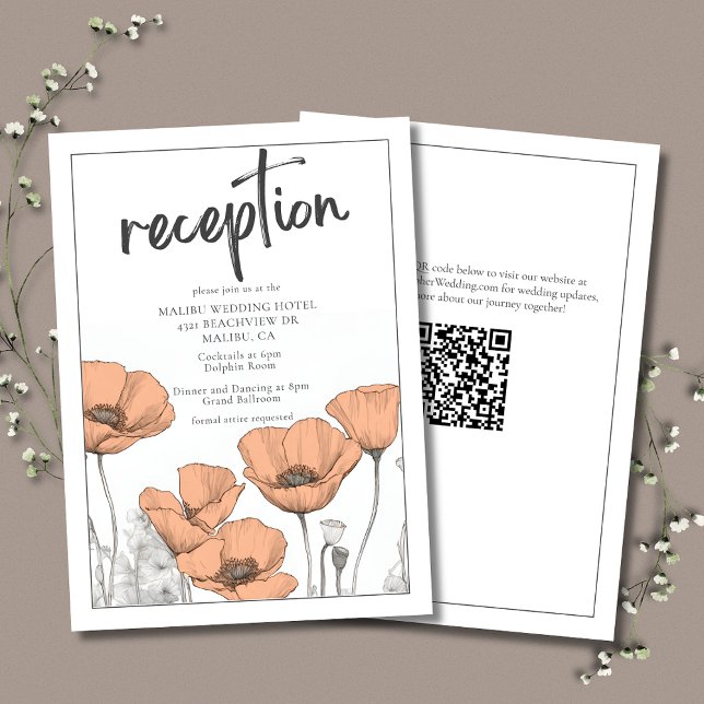 Cartão De Informações Recepção de Casamento Floral Elegante com Papoulas (Peach Poppies Wedding Reception Enclosure Card with QR Code for Wedding Website.)