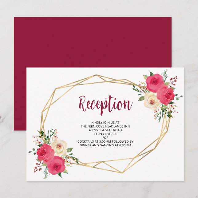Cartão De Informações Recepção de casamento Floral Geométrica Burgundy (Frente/Verso)