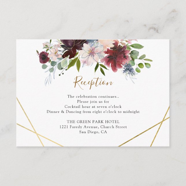 Cartão De Informações Recepção de Casamento Floral Geométrico Borgonha A (Frente)