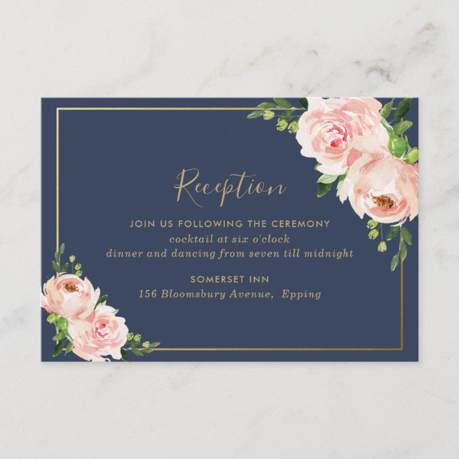 Cartão De Informações Recepção de Casamento Floral Rosa Moderno Marinho (Frente)
