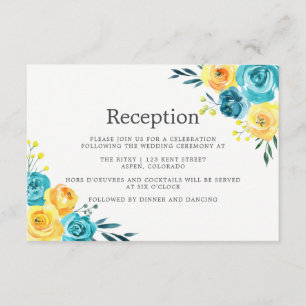 Cartão De Informações Recepção de Casamento Floral Turquesa e Amarelo