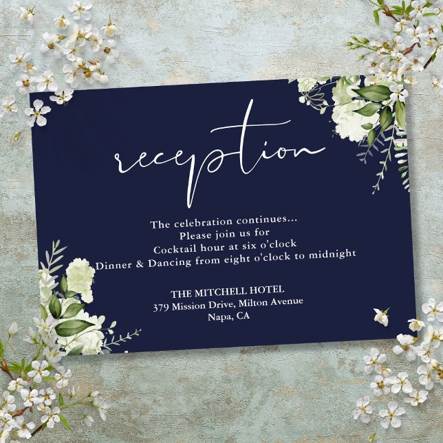 Cartão De Informações Recepção de Casamento Floral Verde Azul-Marinho (Navy Blue Greenery Floral Wedding Reception Enclosure Card)